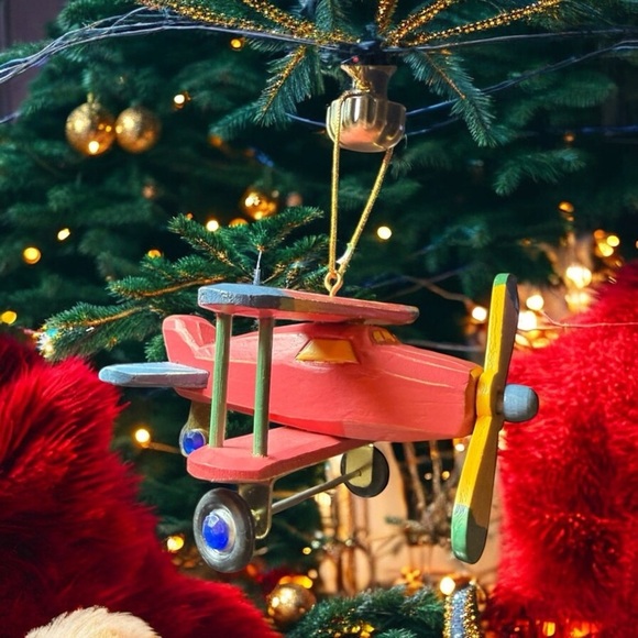 Pier 1 Imports Biplane Ornament Toy Airplane Christmas Tree Wood 2005 Vintage - Picture 3 of 8